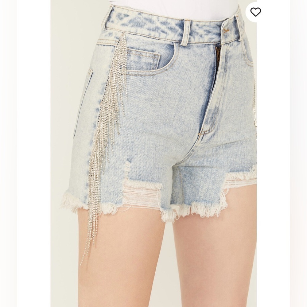 Denim blue b rhinestone fringe high waisted jean shorts